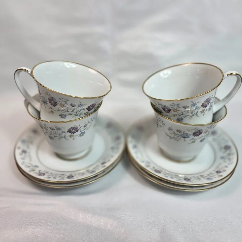 FOUR Noritake Longwood #2485 Cup & Saucer Sets Purple, Blue & Yellow Flowers